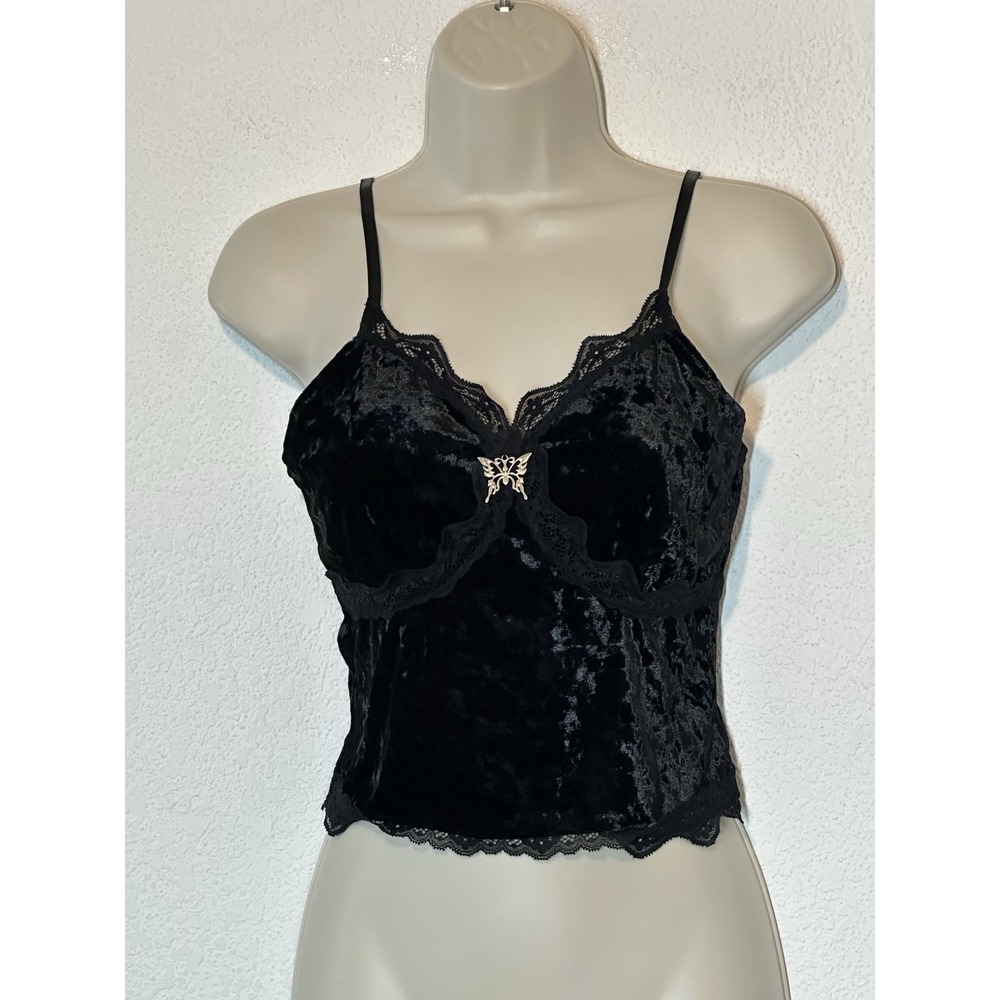 Y2K Black Velvet Tank Top Lace Trim Scalloped Hem Butterfly‎ Charm Whimsigoth